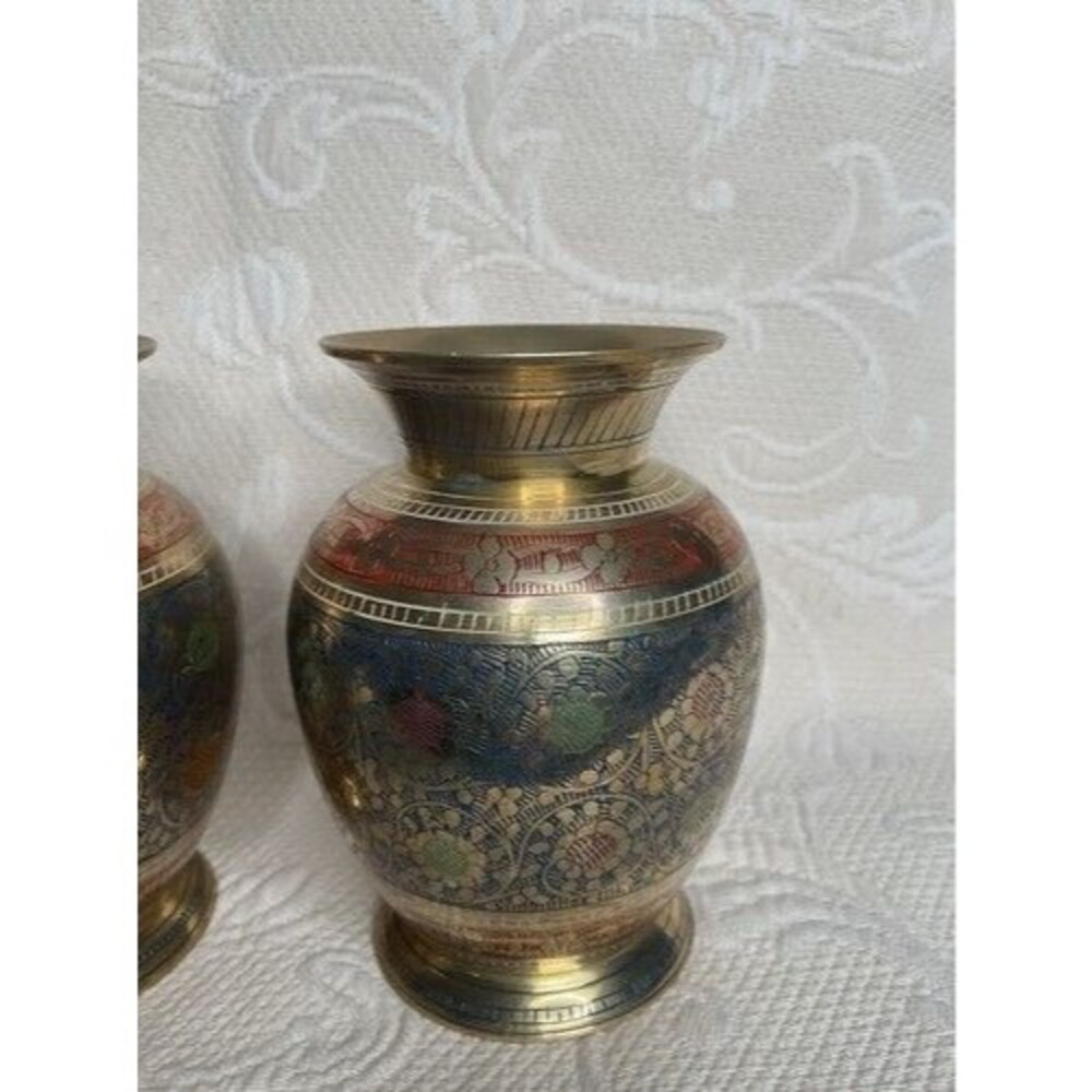VTG Hand Engraving MultiFloral Set of 2 Mini Etched Brass Bud Vases 5” Tall Gold - Picture 12 of 14